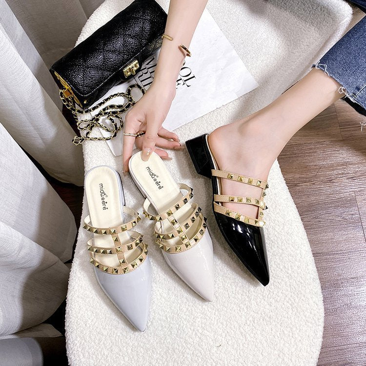 Studded sandals with a french flair – women's summer flat sandals, korean-style patent leather pointed-toe mules with rivet detailing