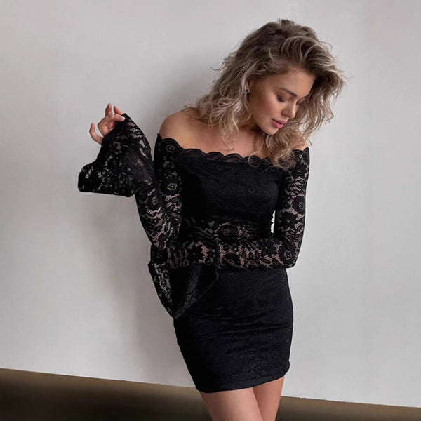 Pure desire sexy black lace dress 2025 autumn and winter senior sense inside one-word collar off-the-shoulder hip skirt short skirt