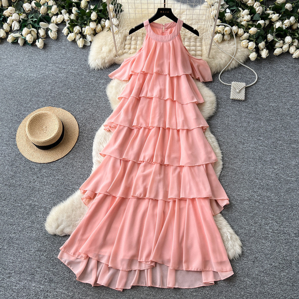 French sleeveless off-the-shoulder halter neck sexy dress - women's summer tiered ruffle cake dress - vacation style slimming maxi dress
