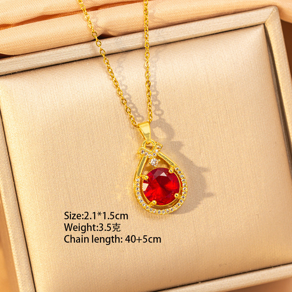 【titanium steel】copper inlaid zircon light luxury new style ruby necklace women's high-end fashion versatile elegant sweater chain jewelry