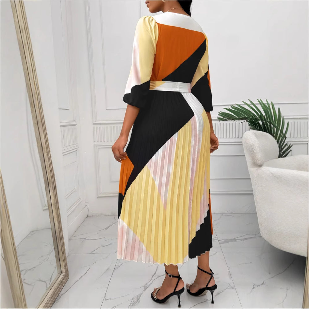 European and american style women's fashion:  autumn new arrival - three-quarter sleeve v-neck tie-up color block long pleated dress