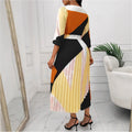 European and american style women's fashion:  autumn new arrival - three-quarter sleeve v-neck tie-up color block long pleated dress