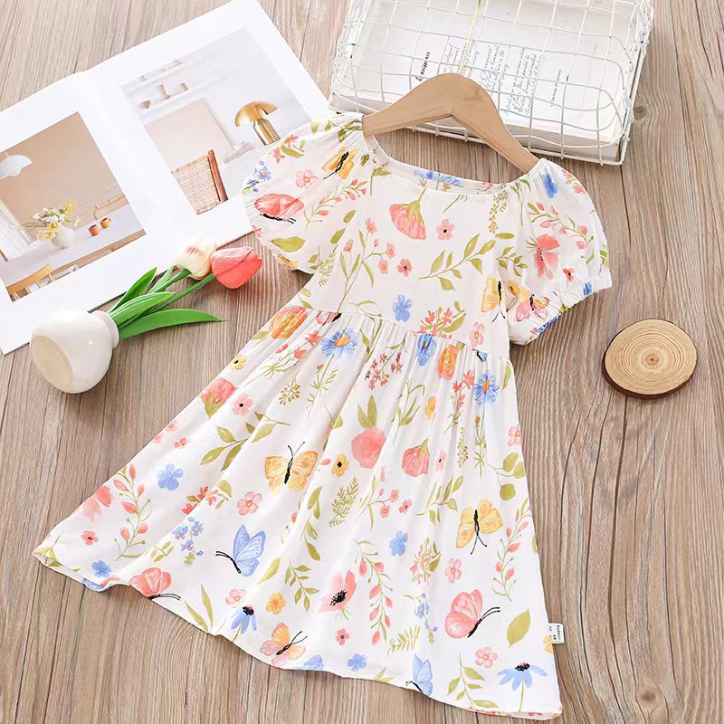 【matching family outfits】girls' cotton silk floral dress - princess style, stylish print, and puff sleeve skirt