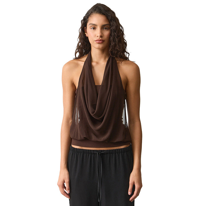 fashion style women's clothing  spring and summer new arrivalfashionelegant sleeveless halter layered backless t-shirttops for women