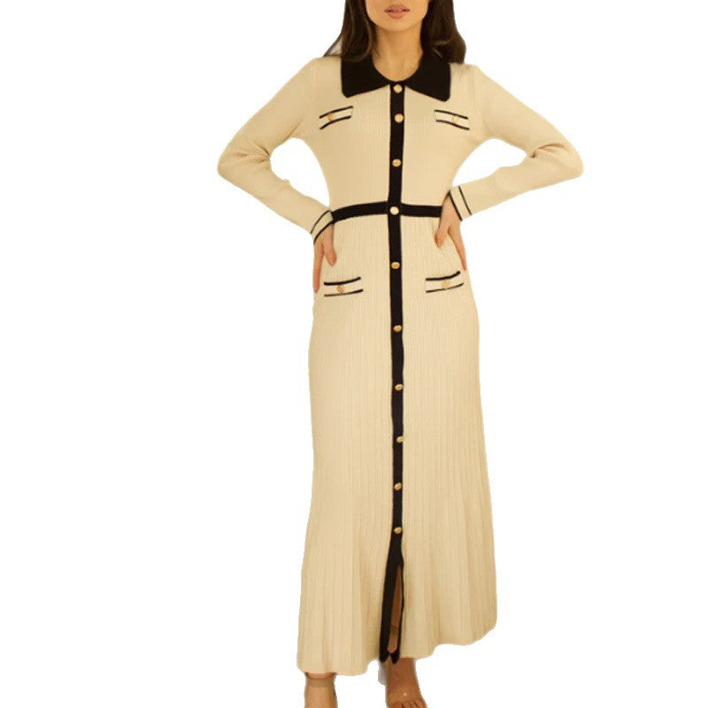 2025 european and american cross-border french chic women's polo collar metallic buckle long sleeve knit dress - autumn/winter base layer dress