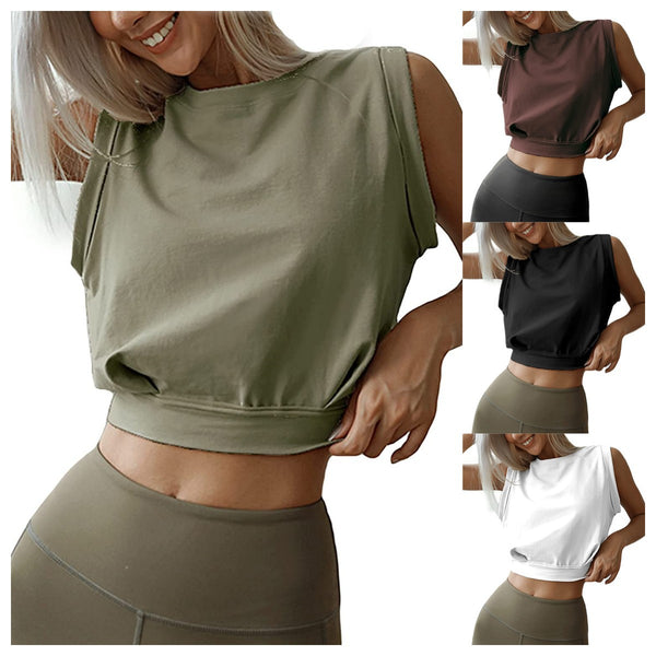 Summer new    women's fashion solid color short round neck sleeveless top T-shirt