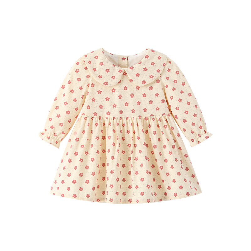 Girls' autumn dress: stylish princess dress for baby girls, fashionable long-sleeved floral print with turn-down collar, new spring and autumn collection