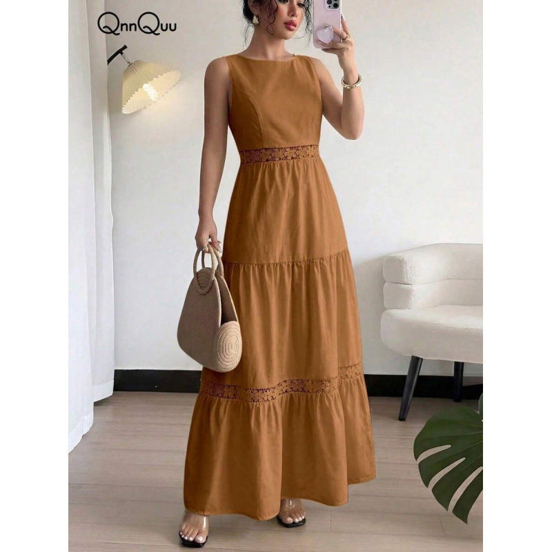 fashionsummernew arrival round neck sleeveless cut outlaceeleganceromanticcasual vacation dress