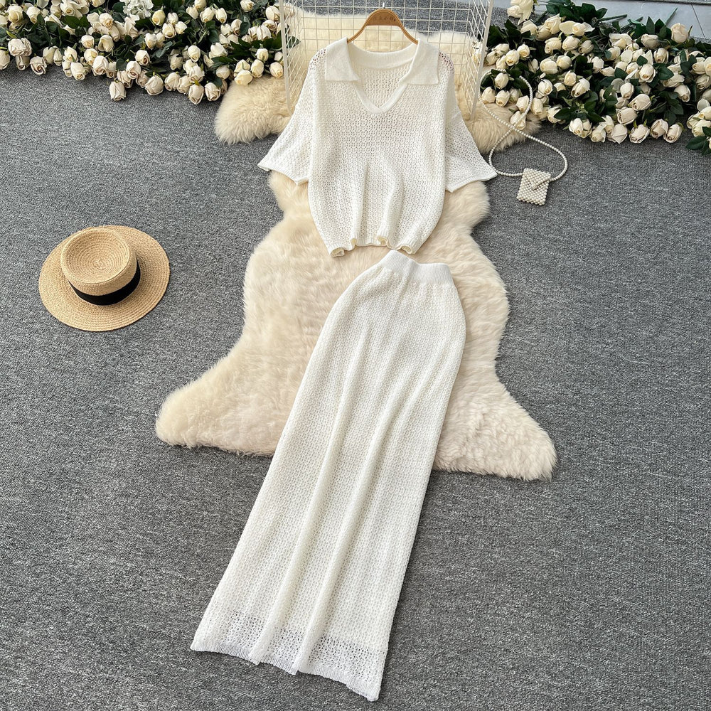 Summer women's gentle style versatile chic hollow-out crochet knit top & high-waisted bodycon midi skirt korean two-piece set