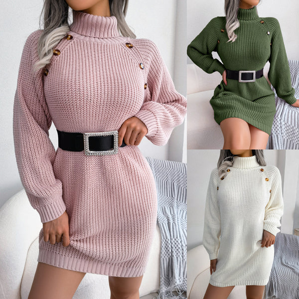 Real autumn and winter European and American casual button turtleneck long-sleeved bottoming sweater skirt,  independent station  women's clothing