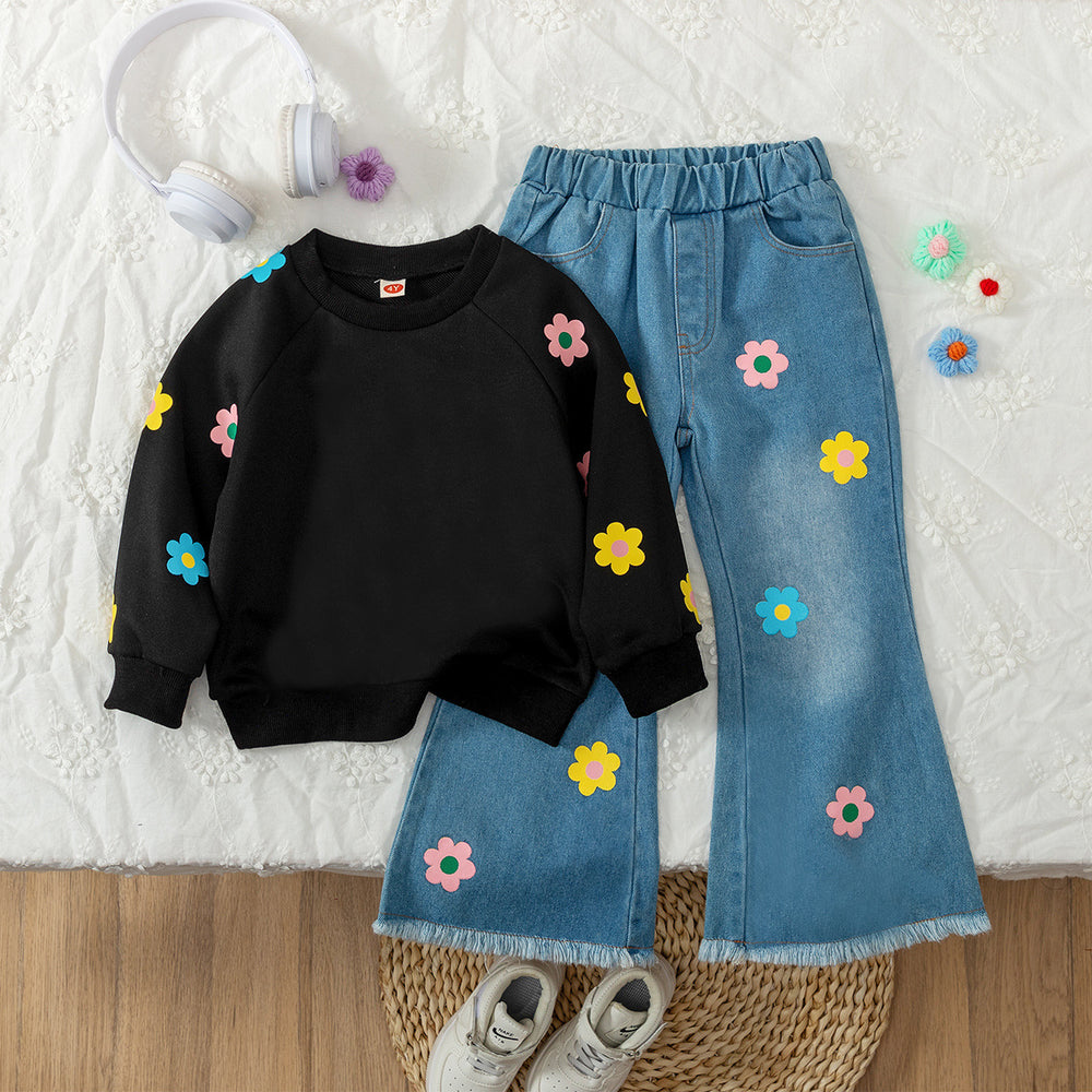 new autumn cross-border girls' cute floral print crewneck sweatshirt and washed denim flare pant set