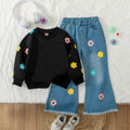 new autumn cross-border girls' cute floral print crewneck sweatshirt and washed denim flare pant set
