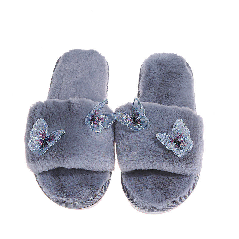 butterfly fur slippers for women, autumn and winter, k-style, new style, home and outdoor wear, one-line slippers, plush women's shoes, dropshipping