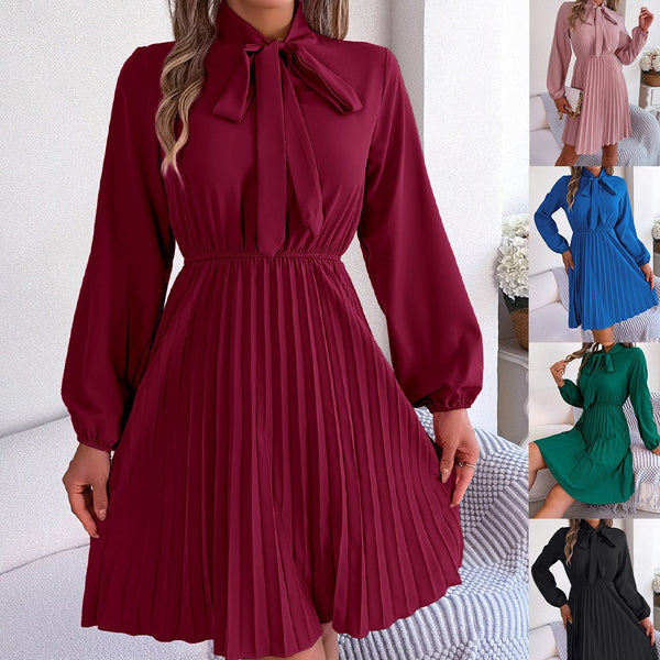 ins wind real shot 2025 European and American spring and summer temperament lace-up waist long-sleeved pleated skirt,   women's clothing