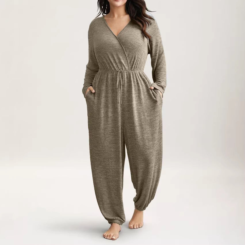 Amazon  cross-border plus size curvy women's clothing - women's long pants - women's deep v-neck tie-waist jumpsuit