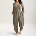 Amazon  cross-border plus size curvy women's clothing - women's long pants - women's deep v-neck tie-waist jumpsuit