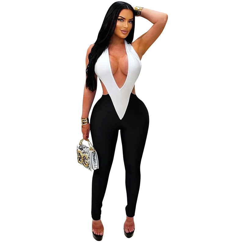 European and american clothing  hot selling european and american cross-border women's clothing hot girl style color matching deep v halter tie-up one-piece pants