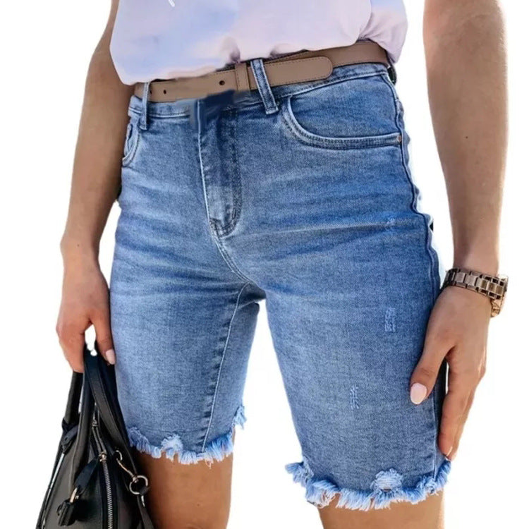 Amazon  hot selling denim mid-length shorts women's summer ins trendy high-waisted frayed straight-leg capri jeans