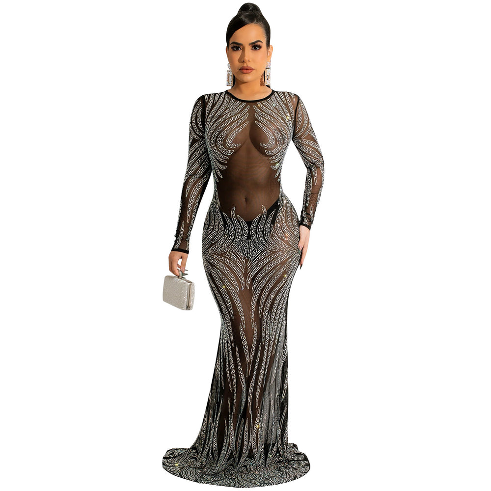 X5606 cross-border   nightclub style sexy rhinestone mesh see-through long sleeve maxi dress for women