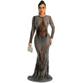 X5606 cross-border   nightclub style sexy rhinestone mesh see-through long sleeve maxi dress for women