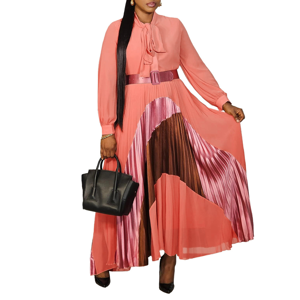 C8623 women's foreign trade new fashion tie-up color block pleated skirt elegant plus size european and american dress