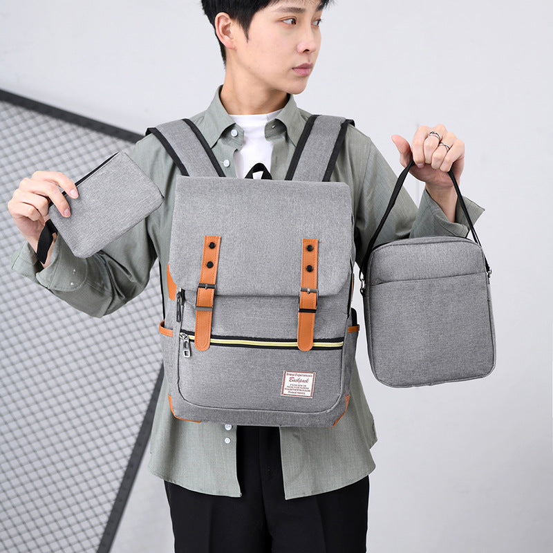 Cross-border business backpack wholesale trend High school backpack three-piece computer bag large capacity flip bag men