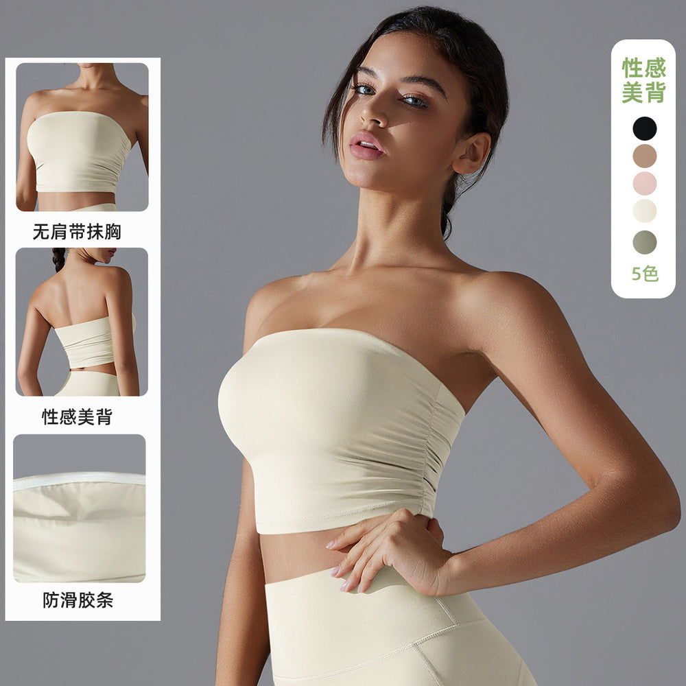 New arrivalpure color chest-wrapped yoga wear tops pleated tube top breathable silm anti-shedding running sports intimates fitness wear