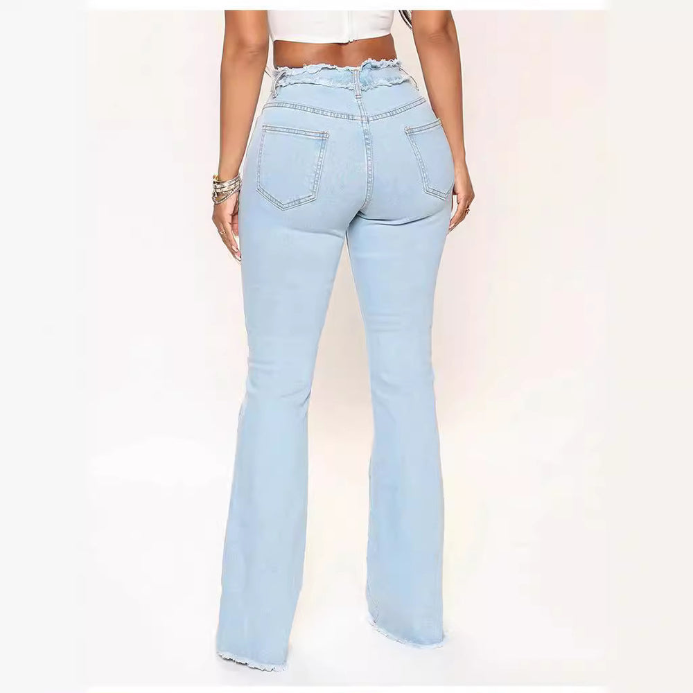Export raw edge jeans for women, hot-selling european and american raw edge stretch jeans, plus size washed bearded women's jeans