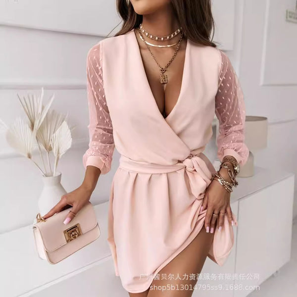 LZR17781 European and American new mesh splicing waist strap V-neck casual skirt