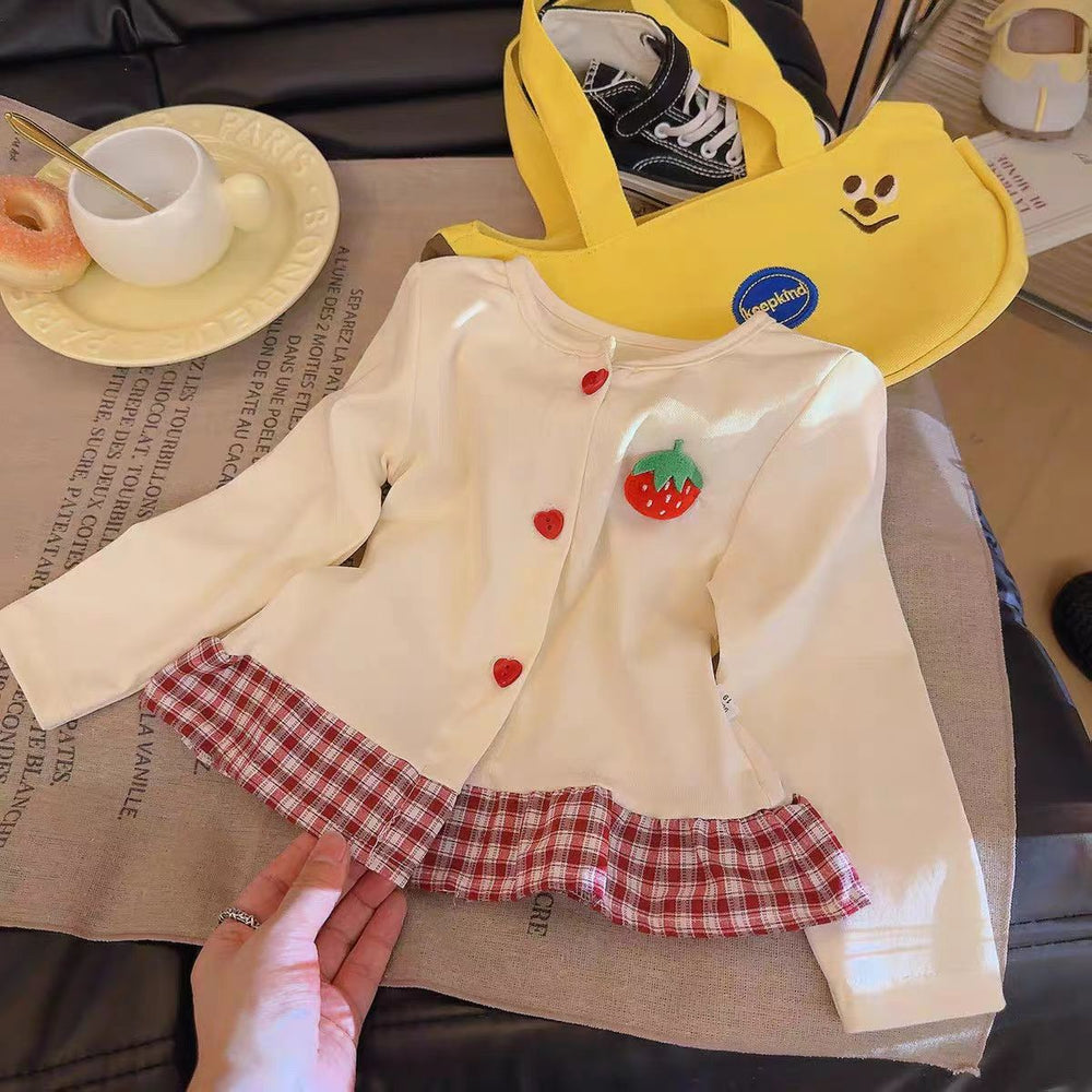 Girls' cute strawberry plaid lace-trimmed knit cardigan with skirt detail - new autumn sweet & chic long-sleeve top