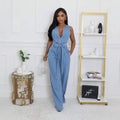 Fashion cross-border   tight waist silm elastic washed denim jumpsuit straight-legloose jumpsuit
