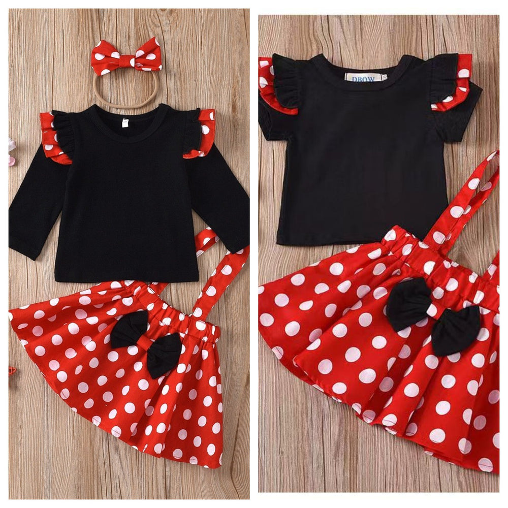 Best sellingpleated skirt kidsfall and winterlong sleeves cartoon polka dot suspender skirt children's clothing with hair tie 5t european and american girl suit
