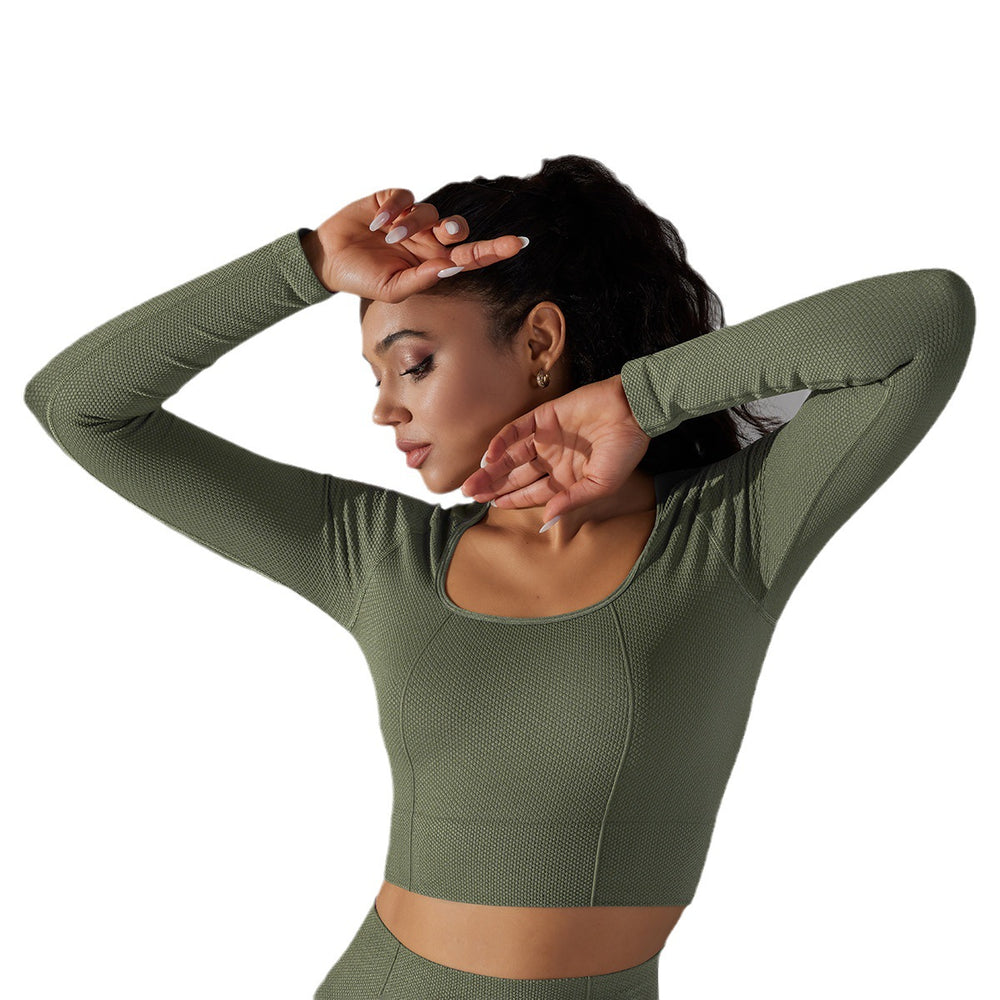 New arrival cross-border seamless pure color dotted stripes t-shirt high elastic low collar abdominal shaping yoga wear long sleevestops women