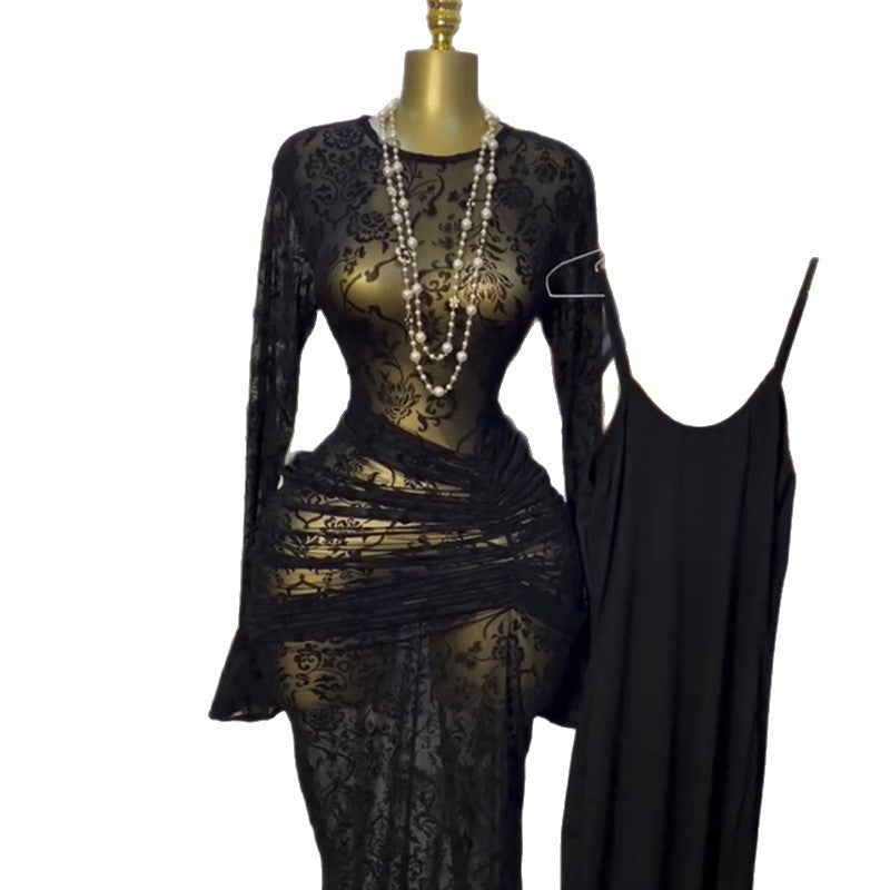 European and american cross-border women's fashion:  autumn new arrivals - sexy sheer round neck ruched print dress with camisole two-piece set