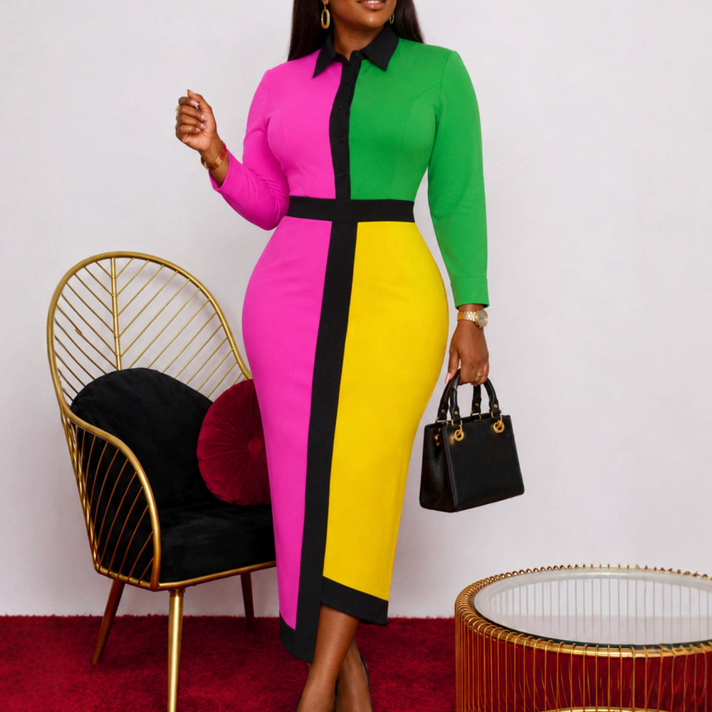 Fall and winterlong sleevespatchworkcontrast color slitelegancedress shirt collarwork clothing dinner hip-covering dressdresses
