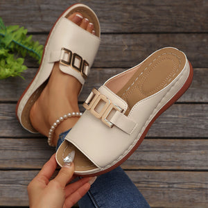 Southeast asia export buckle wedge open toe flip flops women's cross-border large size metal buckle fish mouth beach sandals