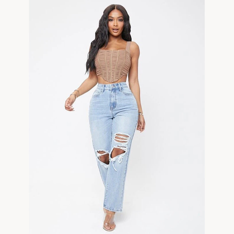 European and american women's jeans: new  street style straight-leg trousers, high-waisted, washed and distressed denim