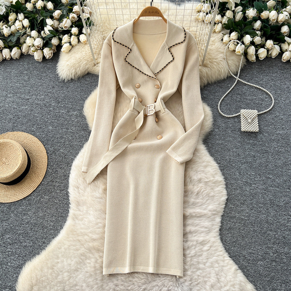 French chic color block double-breasted knit dress with tie waist and long sleeves - women's sweater maxi dress