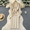 French chic color block double-breasted knit dress with tie waist and long sleeves - women's sweater maxi dress
