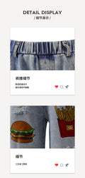 Exportgirljeans cartoon stickers hamburger fries loose distressed ripped pants kidsstraight-legloose pants