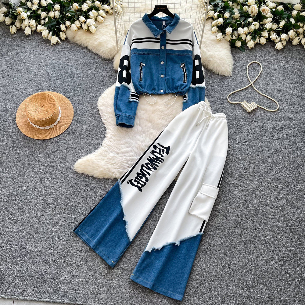 Vintage patchwork denim slim-fit two-piece set - women's spring/autumn high-waisted, slimming, effortless, and stylish loose-fit outfit