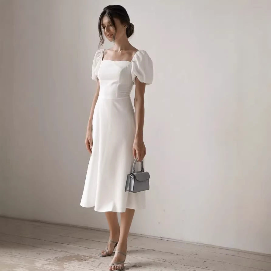 fall/winter new arrival: white bubble sleeve dress - ethereal & chic, european & american style, high-end fashion