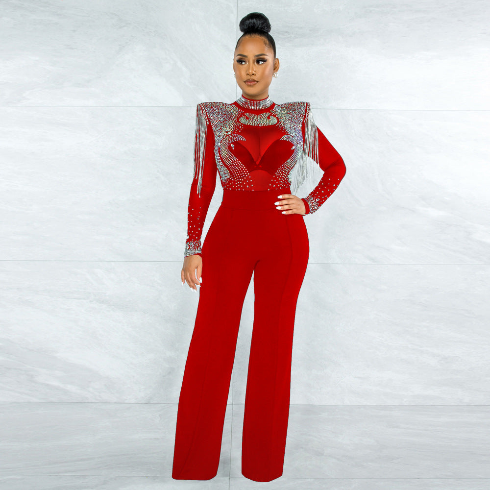 CY9232B Europe, America, , fashionable and sexy casual slim-fitting turtleneck perspective hot diamond fringed jumpsuit women