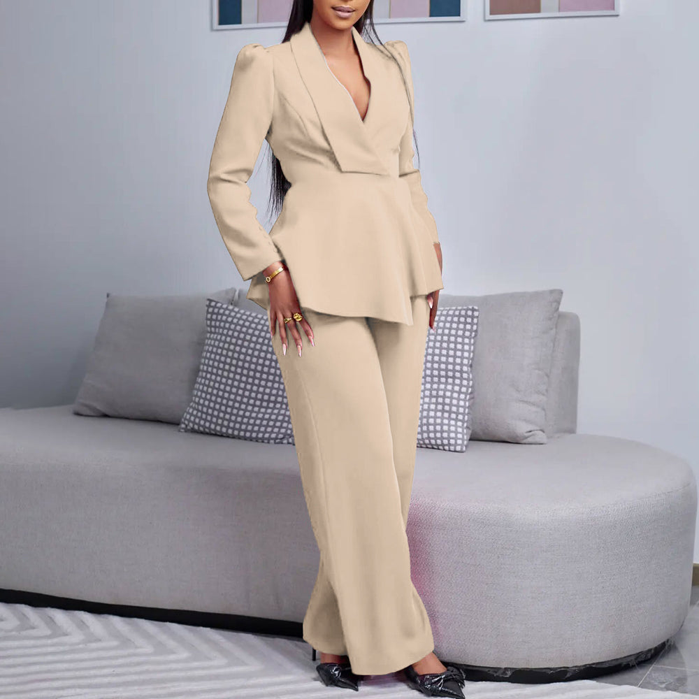 D3315 european and american style women's new fashion elegant ol ruffle long sleeve top and wide leg pants cross-border set