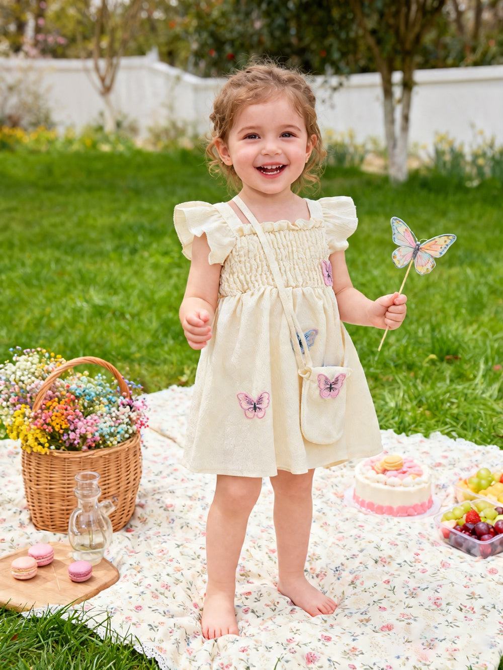 Girls' ruffle sleeve butterfly bag dress