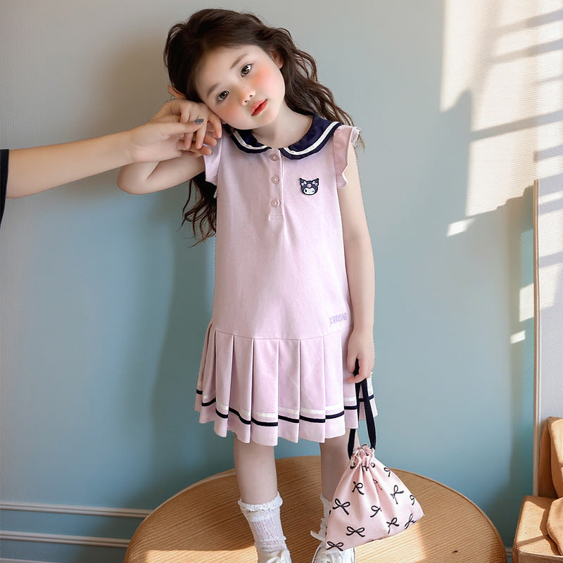 Girls' summer dress  new kuromi kids cotton dress, stylish preppy cartoon skirt, trendy