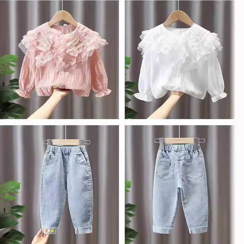 Spring outfit set  new stylish girls' baby fashionable toddler trendy denim spring two-piece set