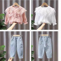 Spring outfit set  new stylish girls' baby fashionable toddler trendy denim spring two-piece set