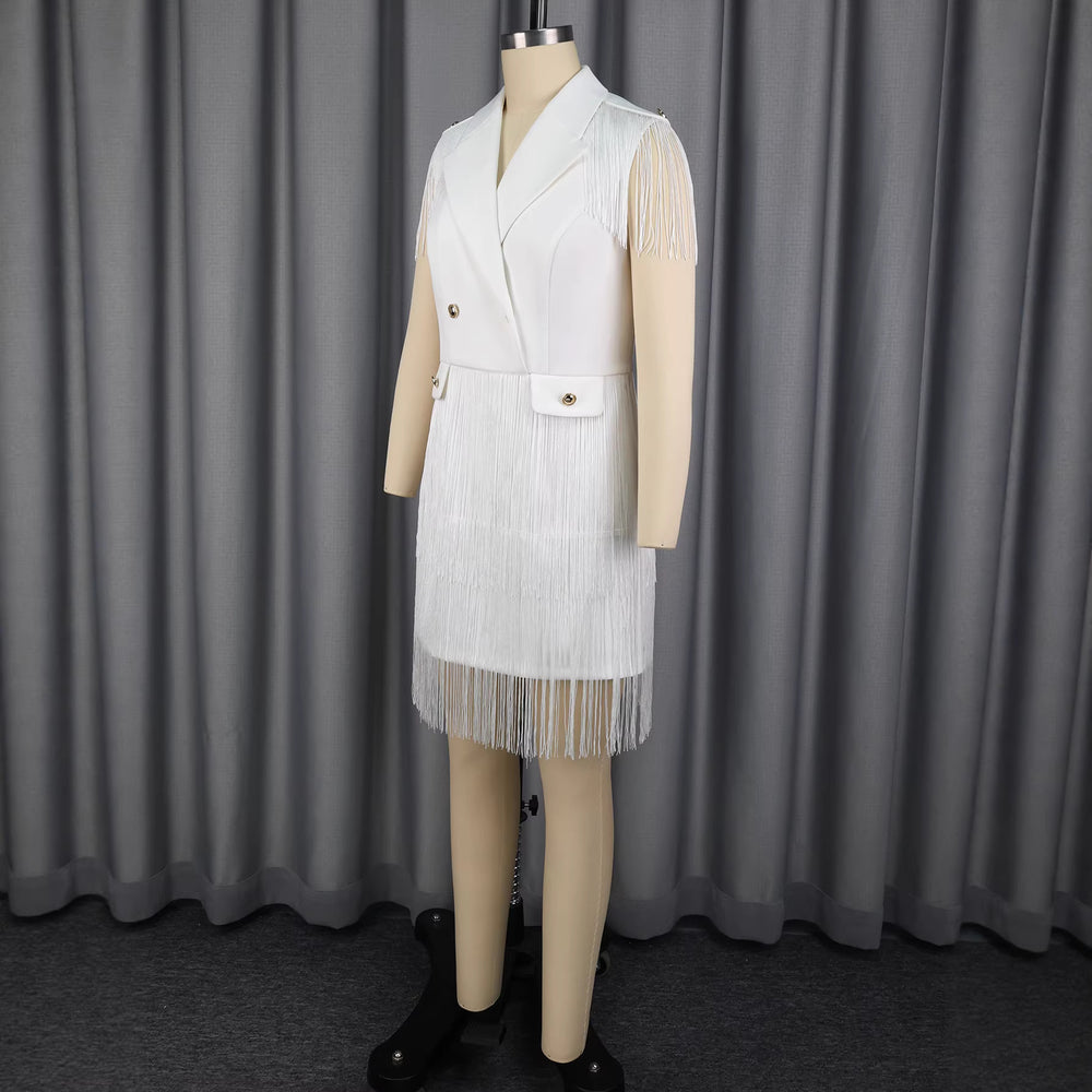 Export suit v neckshort party dress double breasted waist tassel hem work clothingdresses
