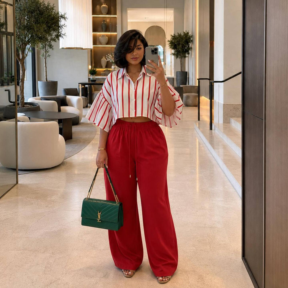 European and american cross-border women's fashion:  summer new arrival - casual chic striped cropped blouse with turn-down collar and unique design